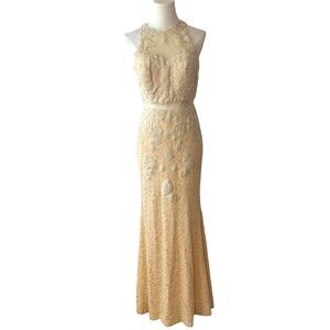 Anny Lee Dress Women’s Size M Nude Lace Halter Gown Prom Formal